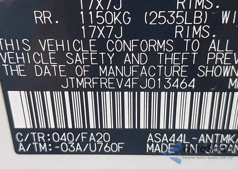 2015 Toyota Rav4 Xle from USA, damaged, VIN JTMRFREV4FJ013464